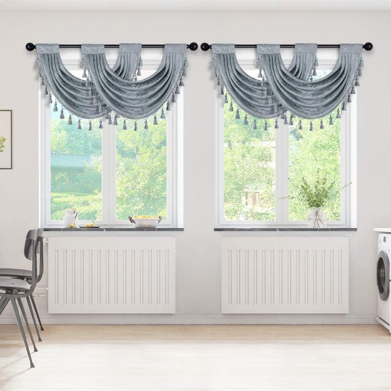 ELKCA Thick Chenille Waterfall Swag Valances for Living Room Silver Grey Valance Curtains for Kitchenï¼ŒPack of 4 (Silver Grey, 30" W x 22" L) - Image 2